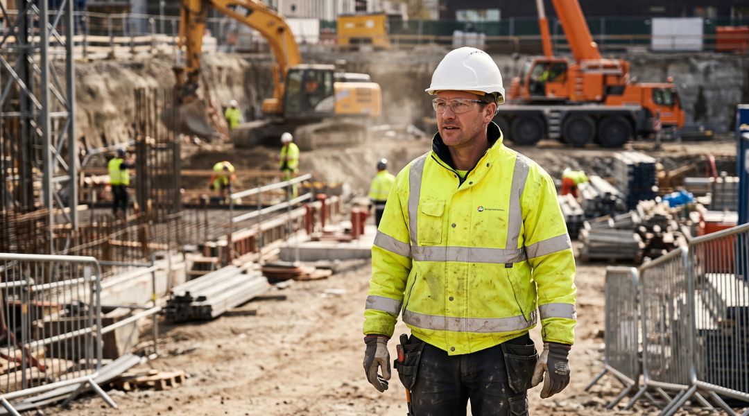 Baustelle, Arbeiter trägt persönliche Schutzausrüstung