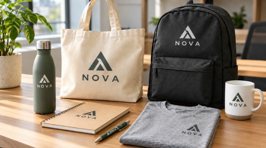 Klassische Werbeartikel, eine Tasche, Rucksack, Tasse, Flasche