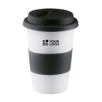 To Go Becher aus Keramik mit Silikonband und Deckel, 400 ml farbe schwarz Ansicht mit Druckbereich