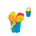 Strandspielzeug für Kinder mit Eimer, Schaufel, Rechen und 2 Förmchen farbe mehrfarbig Ansicht mit Druckbereich