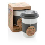 Coffee To Go Becher in Weiß mit farbigem Silikonband, 350 ml farbe grau Ansicht mit Box