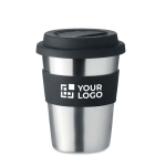 Edelstahl To Go Becher mit Silikonband und Logo, 350 ml farbe schwarz Ansicht mit Druckbereich