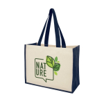 Jutetasche mit Canvas mit laminiertem Innenraum mit Logo farbe marineblau Ansicht mit Siebdruck