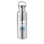 Thermoflasche aus Edelstahl mit Bambusdeckel und Henkel, 750 ml farbe mattsilber Ansicht mit Druckbereich