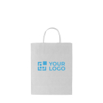 Kleine weiße Öko-Papiertragetüte für Läden mit Firmenlogo farbe weiß Ansicht mit Druckbereich