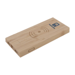Kabellose Powerbank aus Bambus für nachhaltiges Image, 5.000 mAh farbe holzton Ansicht mit Logo