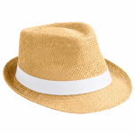 Stylischer Naturpapierhut mit kurzer Krempe mit Logo farbe camel erste Ansicht