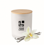 Pflanzenkerze im farbigen Glas mit Bambusdeckel als Werbegeschenk farbe weiß Ansicht mit Druckbereich