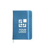 Notizbuch mit linierten Seiten als Werbemittel mit Logo bedrucken, A6 farbe hellblau Ansicht mit Druckbereich