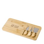 Schneidebrettchen aus Bambus für Käse mit Messer und Gabel Ansicht mit Druckbereich