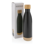 Thermo Trinkflasche mit Bambusdetail auf Deckel und Boden, 520 ml farbe schwarz Ansicht mit Box