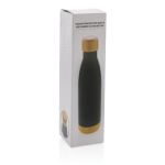 Thermo Trinkflasche mit Bambusdetail auf Deckel und Boden, 520 ml farbe schwarz zweite Ansicht mit Box