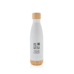 Thermo Trinkflasche mit Bambusdetail auf Deckel und Boden, 520 ml farbe weiß Ansicht mit Druckbereich