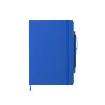 Liniertes Notizbuch mit Kugelschreiber für Mitarbeiter bedrucken, A5 farbe blau erste Ansicht