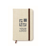 Liniertes A6-Notizbuch mit Canvas-Cover als Werbegeschenk bedrucken farbe beige Ansicht mit Druckbereich