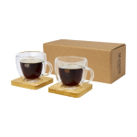 Set mit 2 Espressogläsern mit Bambusuntersetzern, 100ml farbe transparent Ansicht mit Tampondruck