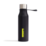 Edelstahl-Thermosflasche mit tropffreiem Verschluss und Griff, 450 ml farbe schwarz Ansicht mit Logo