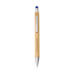 Kugelschreiber aus Bambus und Metall mit Touchpen und blauer Tinte farbe blau Ansicht mit Druckbereich