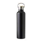 Doppelwandige Isolierflasche mit Bambusdeckel und Henkel, 1 L farbe schwarz erste Ansicht