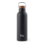 Flasche aus recyceltem Edelstahl mit Holzdeckel und Griff, 800 ml farbe schwarz Ansicht mit Logo
