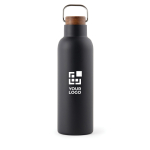 Flasche aus recyceltem Edelstahl mit Holzdeckel und Griff, 800 ml farbe schwarz Ansicht mit Druckbereich