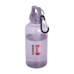 Transparente Flasche aus recyceltem Kunststoff mit Karabiner 400 ml Ansicht mit Tampondruck