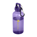 Transparente Flasche aus recyceltem Kunststoff mit Karabiner 400 ml Ansicht mit Tampondruck