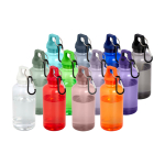 Transparente Flasche aus recyceltem Kunststoff mit Karabiner 400 ml zweite Ansicht in verschiedenen Farben