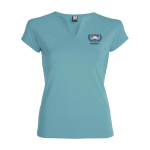 Damen-T-Shirt aus Baumwolle mit V-Ausschnitt, 200 g/m2, Roly farbe lagunenblau Ansicht mit Siebdruck