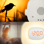 Radiowecker mit Sonnenaufgangslicht und UKW-Radio Muse farbe weiß siebte Ansicht