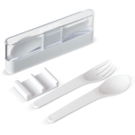 Transparente Box mit weißem Plastikbesteck