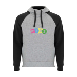 Zweifarbiger Kinder-Hoodie 280 g/m² Roly Badet farbe schwarz Ansicht mit Siebdruck