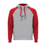 Zweifarbiger Kinder-Hoodie 280 g/m² Roly Badet farbe rot Ansicht mit Siebdruck