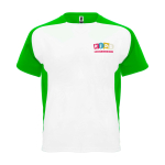 Zweifarbiges Kinder-Sportshirt kurzarm 140 g/m² Roly Bugatti farbe grün Ansicht mit Siebdruck