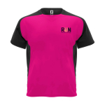 Zweifarbiges Kinder-Sportshirt kurzarm 140 g/m² Roly Bugatti farbe pink Ansicht mit Siebdruck