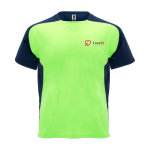 Zweifarbiges Kinder-Sportshirt kurzarm 140 g/m² Roly Bugatti farbe neongrün Ansicht mit Siebdruck