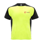 Zweifarbiges Kinder-Sportshirt kurzarm 140 g/m² Roly Bugatti farbe neongelb Ansicht mit Siebdruck