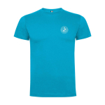 Kurzarm-Kinder-T-Shirt aus Baumwolljersey, 165 g/m2 Roly farbe türkis Ansicht mit Siebdruck