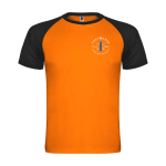 Zweifarbiges Kinder-Sportshirt kurzarm 140 g/m² Roly Indianápolis farbe orange Ansicht mit Siebdruck