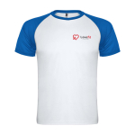 Zweifarbiges Kinder-Sportshirt kurzarm 140 g/m² Roly Indianápolis farbe köngisblau Ansicht mit Siebdruck