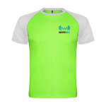 Zweifarbiges Kinder-Sportshirt kurzarm 140 g/m² Roly Indianápolis farbe neongrün Ansicht mit Siebdruck