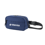Bauchtasche aus recyceltem Polyester mit Innenfutter & zwei Fächern farbe blau Ansicht mit Logo 1