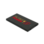 Dünne robuste Powerbank aus Edelstahl, 5.000 mAh farbe schwarz Ansicht mit Logo 1