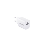 Netzadapter aus recyceltem Kunststoff mit zwei USB-Anschlüssen farbe weiß Ansicht mit Logo 1