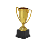 Goldene Trophäe mit 2 Griffen an den Seiten auf schwarzem Sockel