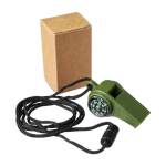 Trillerpfeife mit Kompass und Thermometer an der Seite, an Umhängeband dritte Ansicht