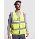 Warnweste mit Tasche und Reißverschluss aus Polyester Roly Polux farbe neongelb erste Gebrauchsansicht