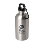 Recycelte Edelstahlflasche mit Karabiner 400ml farbe silber Ansicht mit Tampondruck