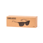 Sonnenbrille mit Bambusbügeln und schwarzem Spiegeleffektglas farbe holzton Ansicht mit Schachtel