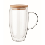 Lange Glastasse mit Henkel und Holzdeckel 450 ml farbe transparent